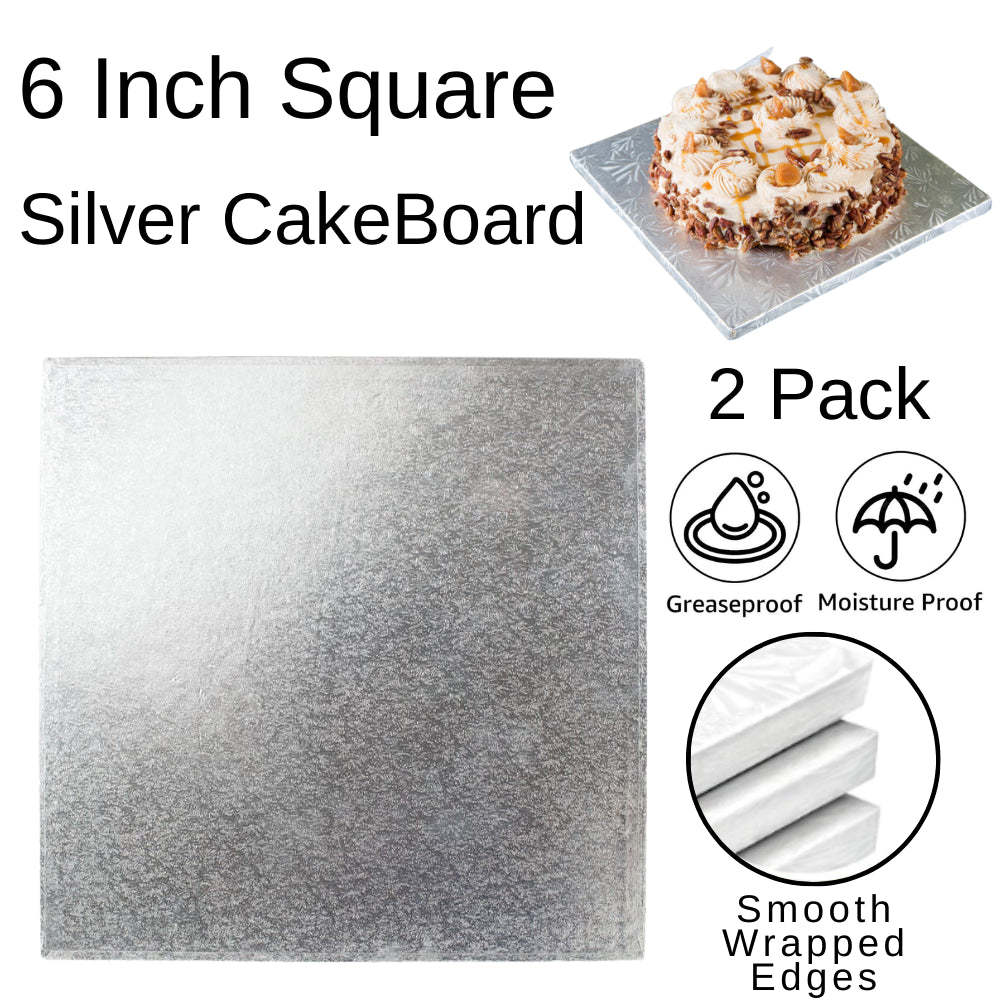 2 Boards - 6" Square Silver Double Thick Cards Cake Board