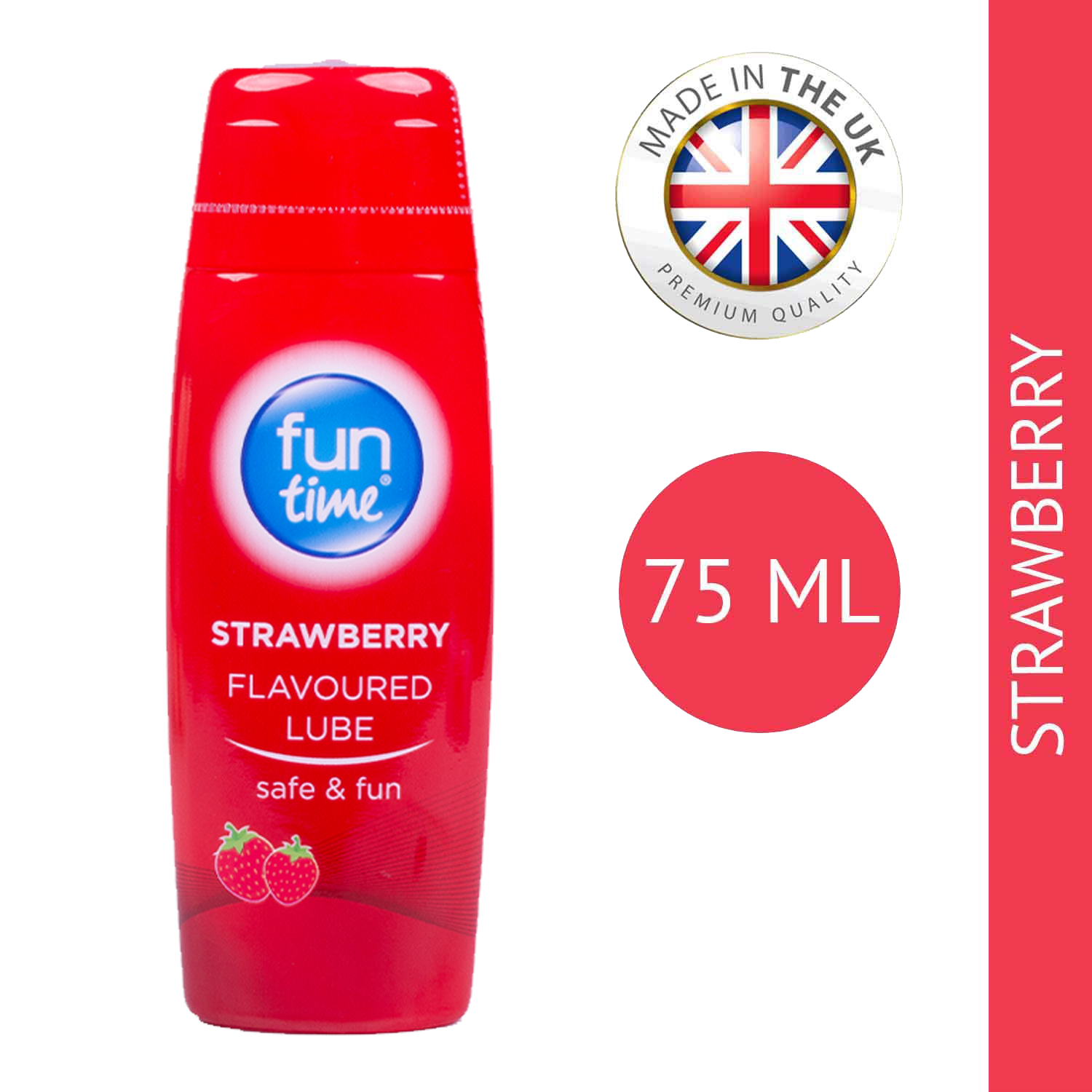 Fun Time strawberry flavoured lubricant 75ml packaged in a vibrant red bottle for safe and enjoyable use