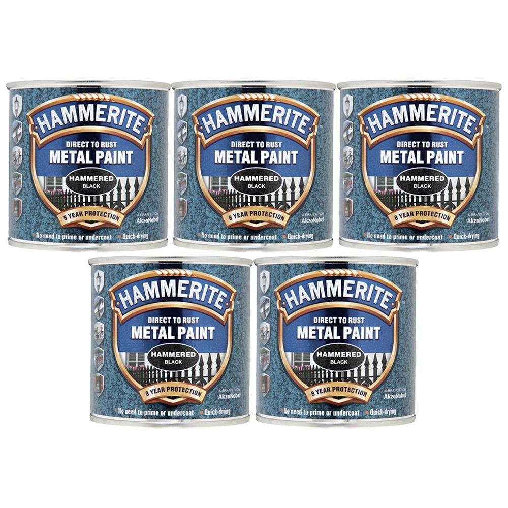 Five cans of Hammerite black metal paint direct to rust with 8 year protection in hammered black finish