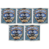 Five cans of Hammerite black metal paint direct to rust with 8 year protection in hammered black finish