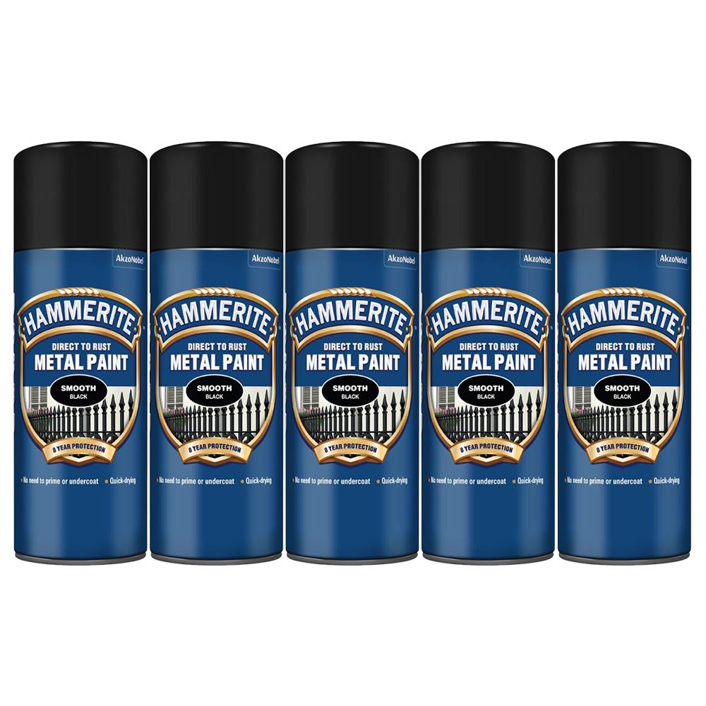 Hammerite black spray paint for smooth finish on metal surfaces, direct to rust application