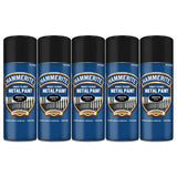 Hammerite black spray paint for smooth finish on metal surfaces, direct to rust application