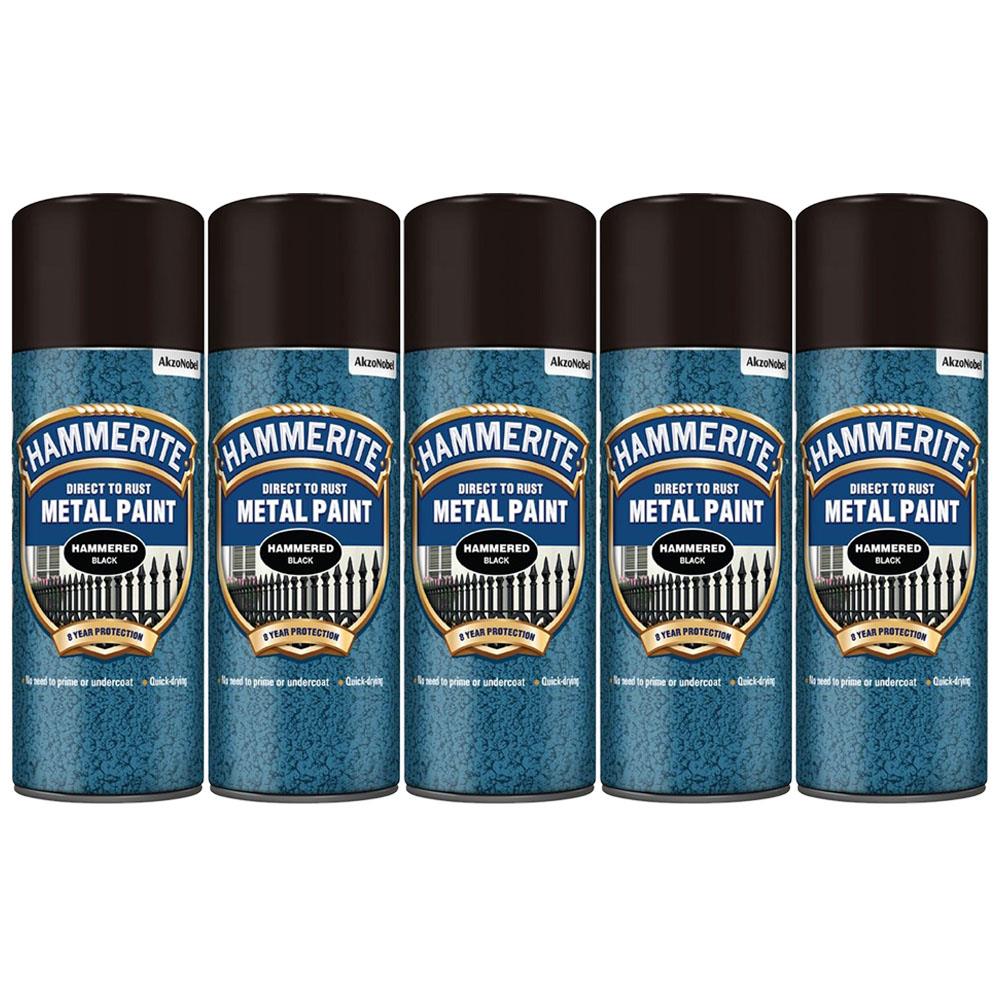 Five cans of Hammerite black spray paint for direct rust metal protection with hammered finish