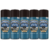 Five cans of Hammerite black spray paint for direct rust metal protection with hammered finish