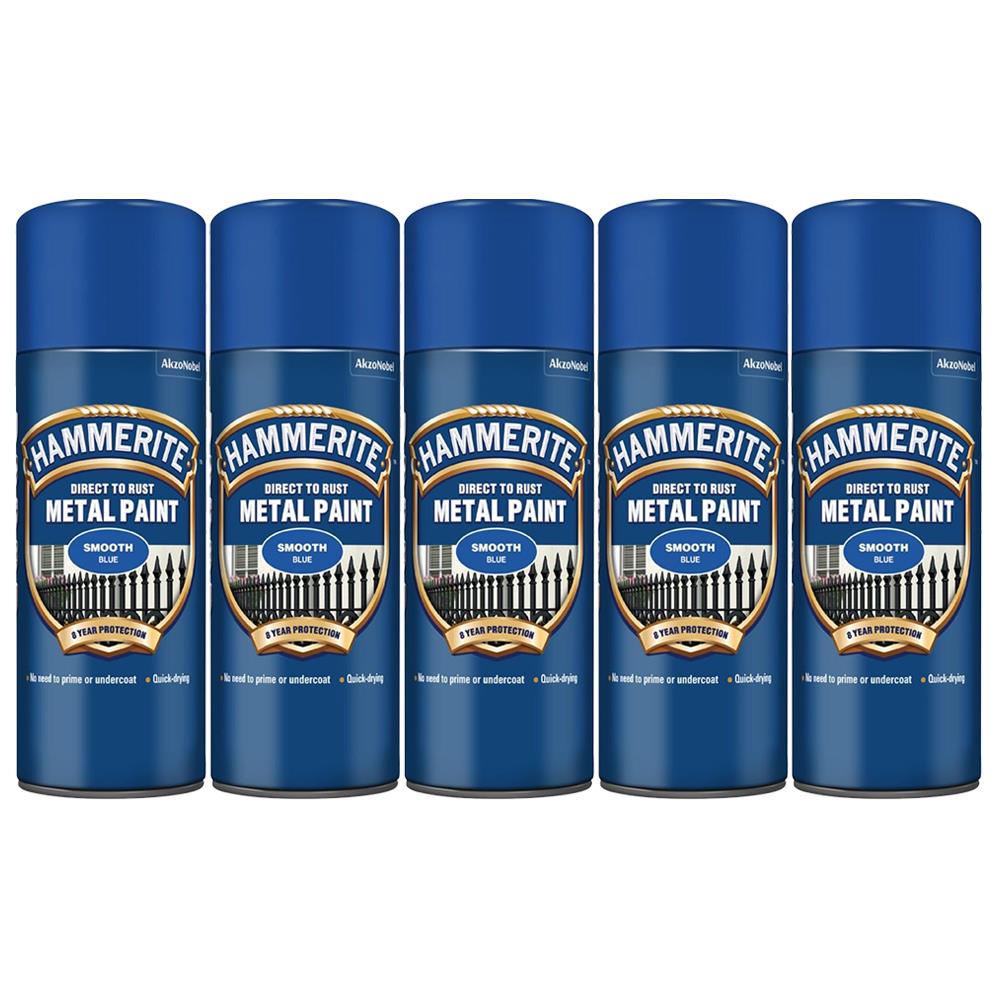 Set of five Hammerite blue spray paint cans for direct to rust metal paint with smooth finish