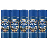 Set of five Hammerite blue spray paint cans for direct to rust metal paint with smooth finish