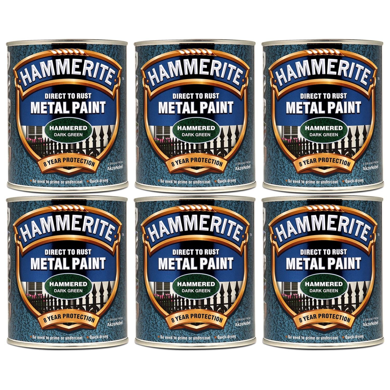 6X Hammerite Hammered Dark Green Paint 750ml Tin Paint