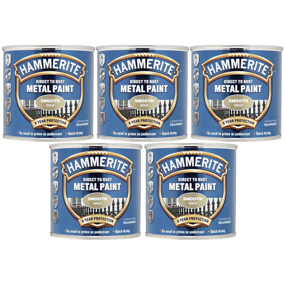 Five cans of Hammerite gold metal paint direct to rust smooth gold finish with 8 year protection