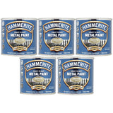 Five cans of Hammerite gold metal paint direct to rust smooth gold finish with 8 year protection