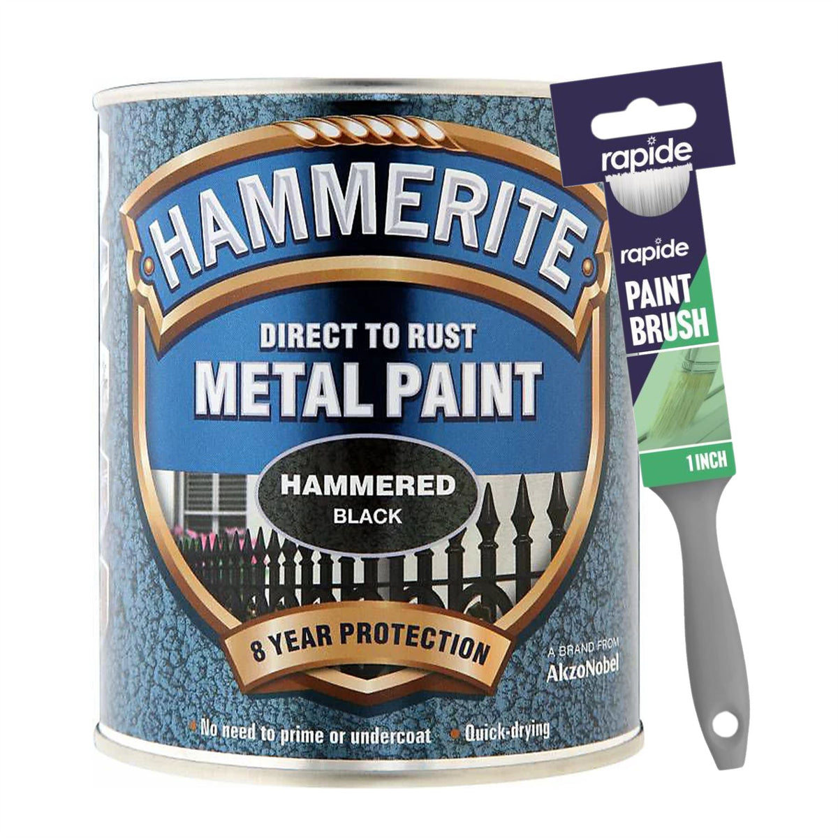 Hammerite Hammered Black Paint 750ml With 1" Paint Brush Tin Paint