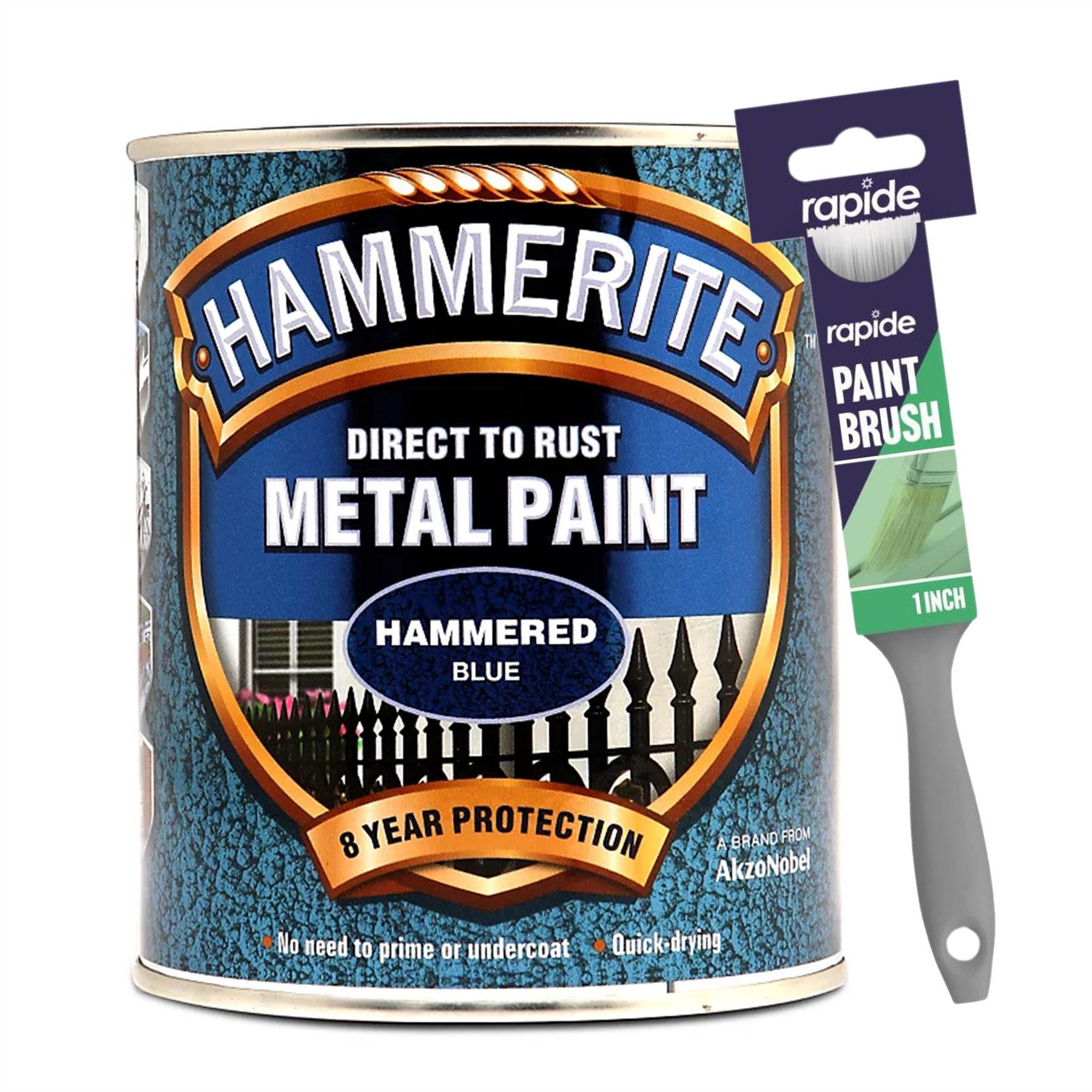 Hammerite Hammered Blue Paint 750ml With 1" Paint Brush Tin Paint