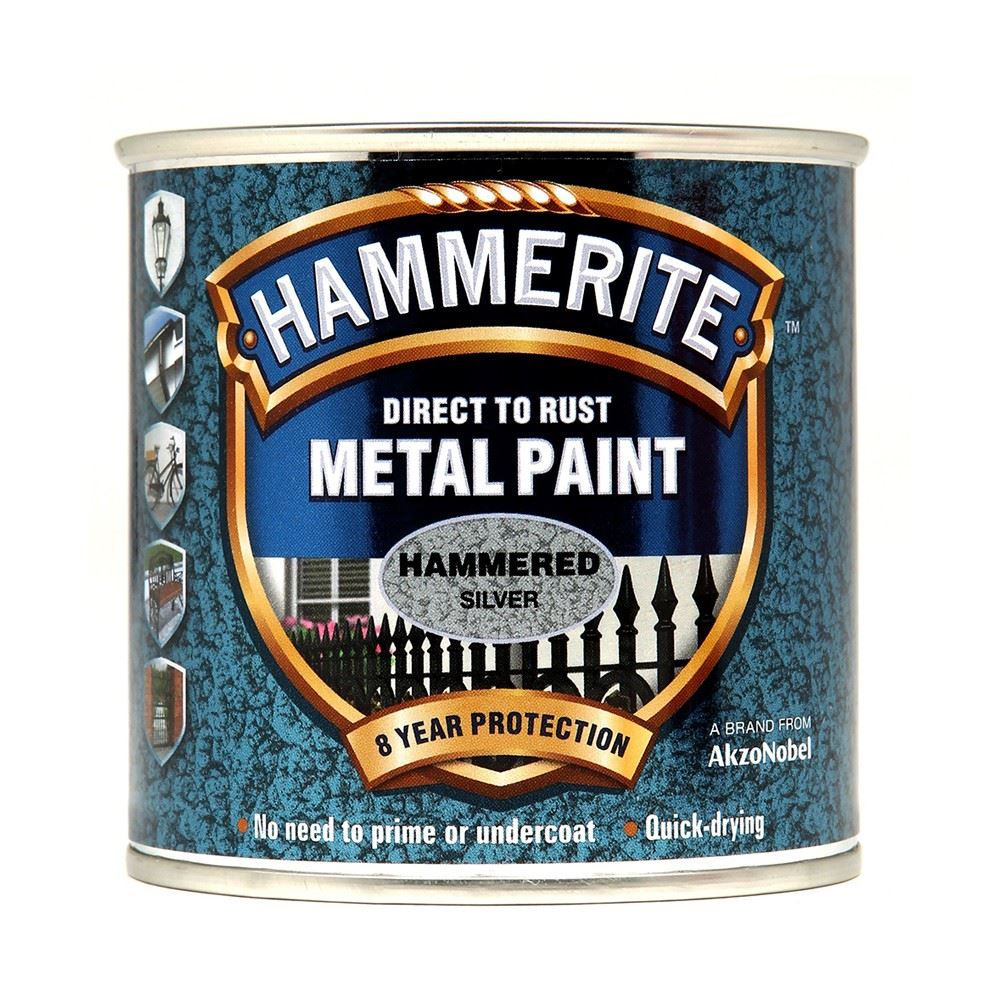 Hammerite hammered silver paint 250ml tin featuring direct to rust formula for 8 year protection