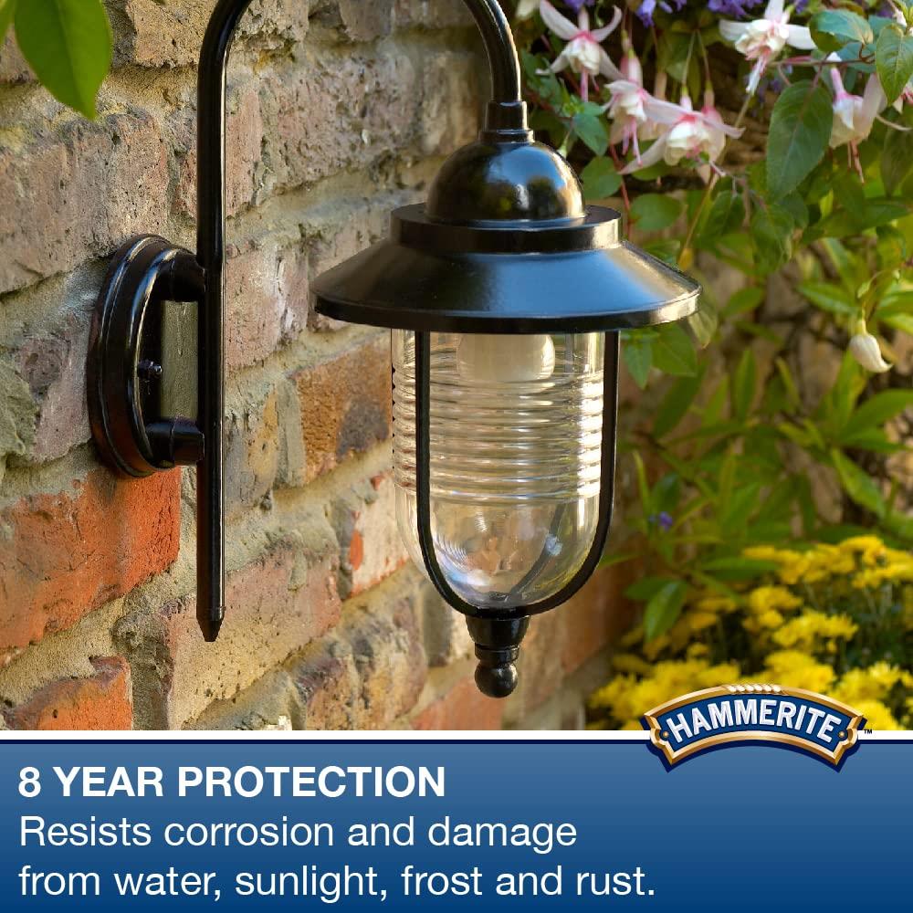 Hammerite hammered silver paint 250ml on a lamp post with floral background for exterior protection