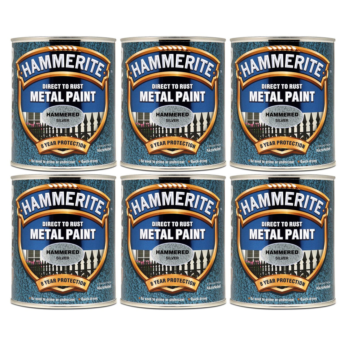 6X Hammerite Hammered Silver Paint 750ml Tin Paint