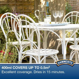 Hammerite hammered white spray paint displayed on a garden table with chairs, perfect for quick outdoor touch-ups