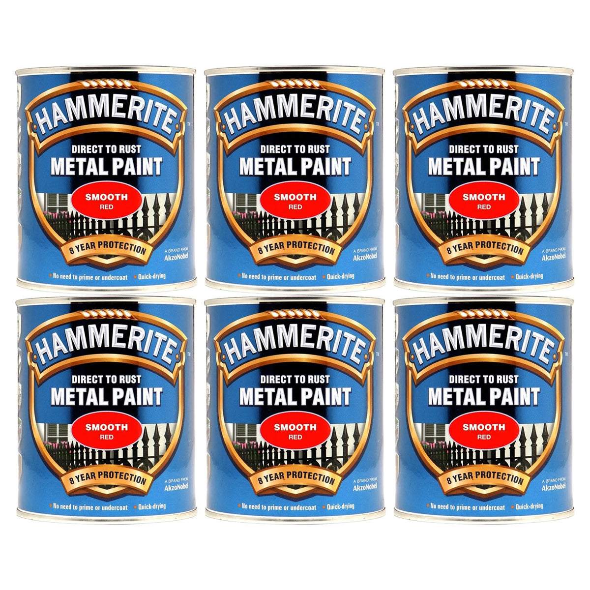 6X Hammerite Smooth Red Paint 750ml Tin Paint