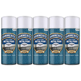 Five cans of Hammerite silver spray paint for direct to rust metal protection with hammered finish