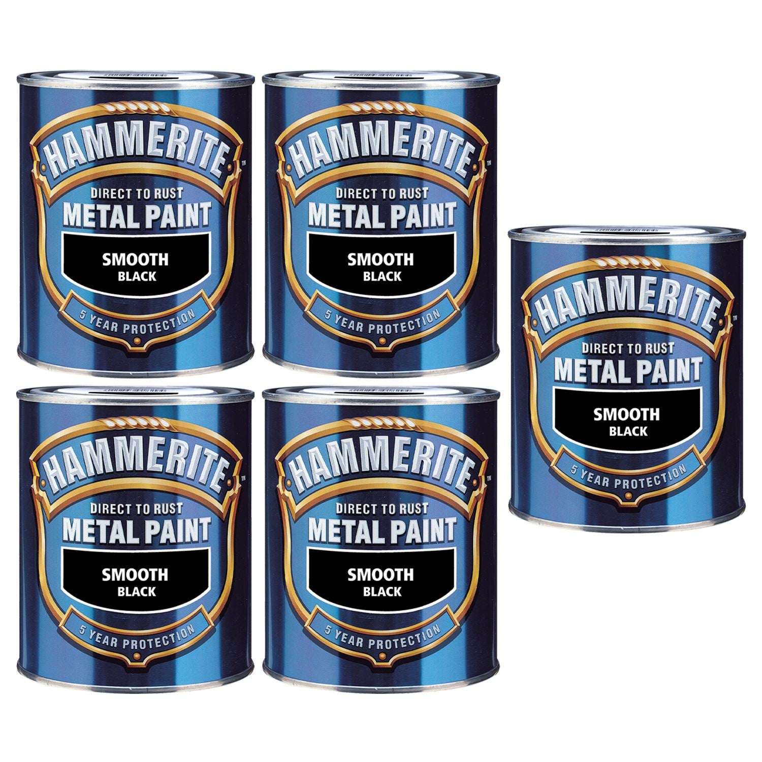 5X Hammerite Smooth Black Paint 750ml Tin Paint