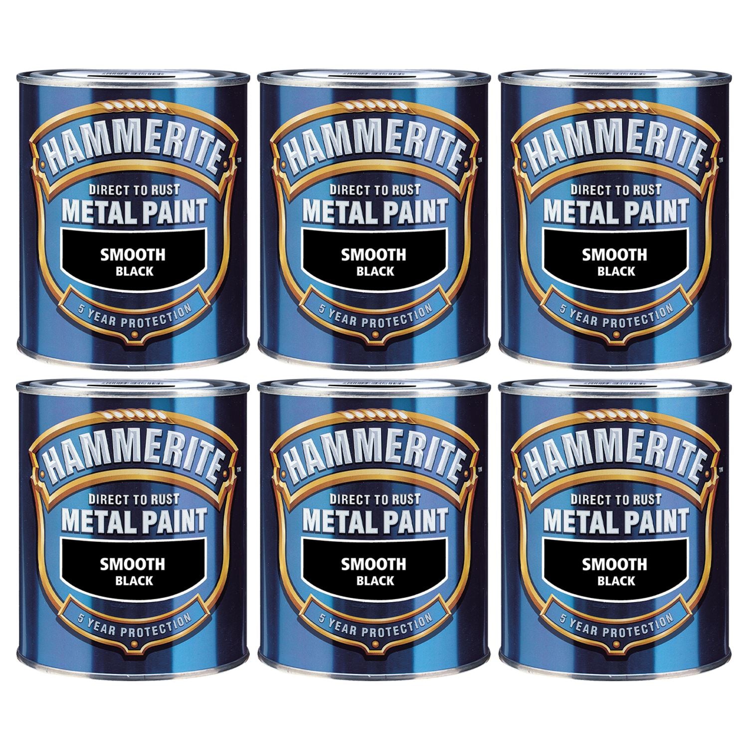 6X Hammerite Smooth Black Paint 750ml Tin Paint