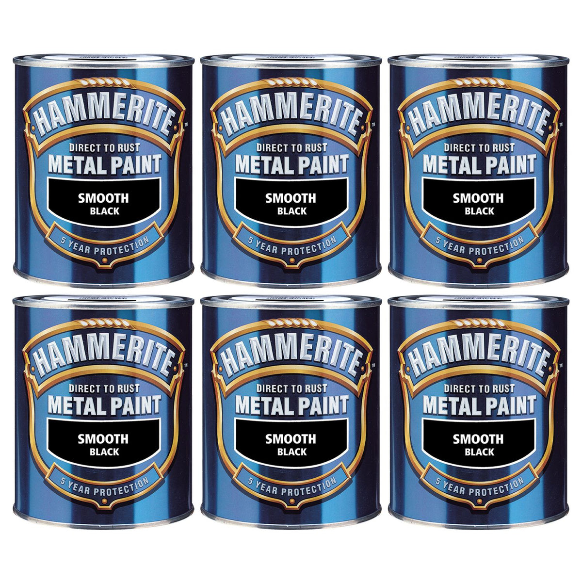 6X Hammerite Smooth Black Paint 750ml Tin Paint