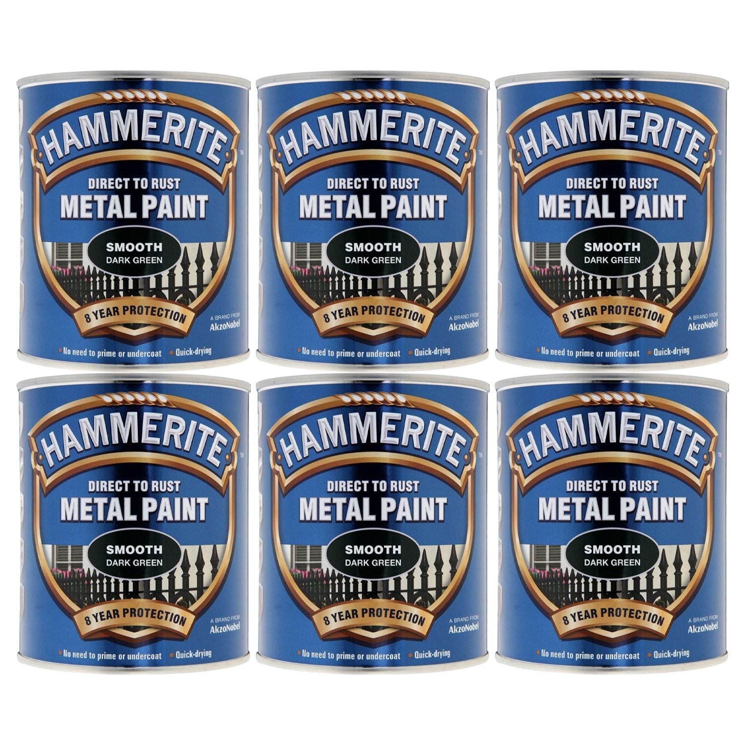 6X Hammerite Smooth Dark Green Paint 750ml Tin Paint