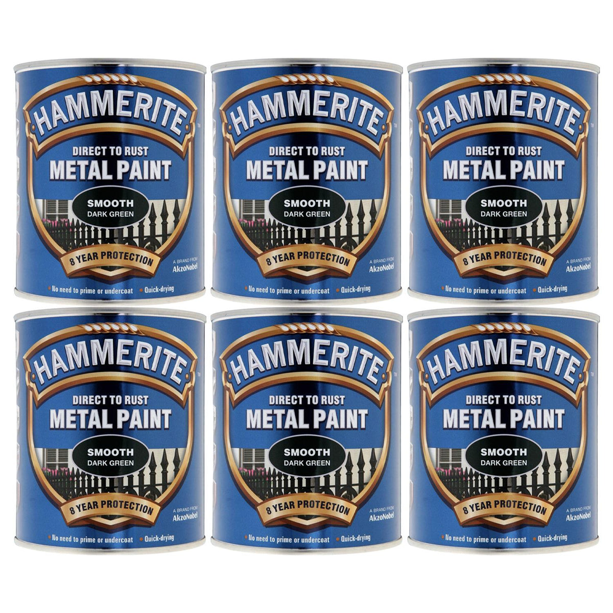 6X Hammerite Smooth Dark Green Paint 750ml Tin Paint