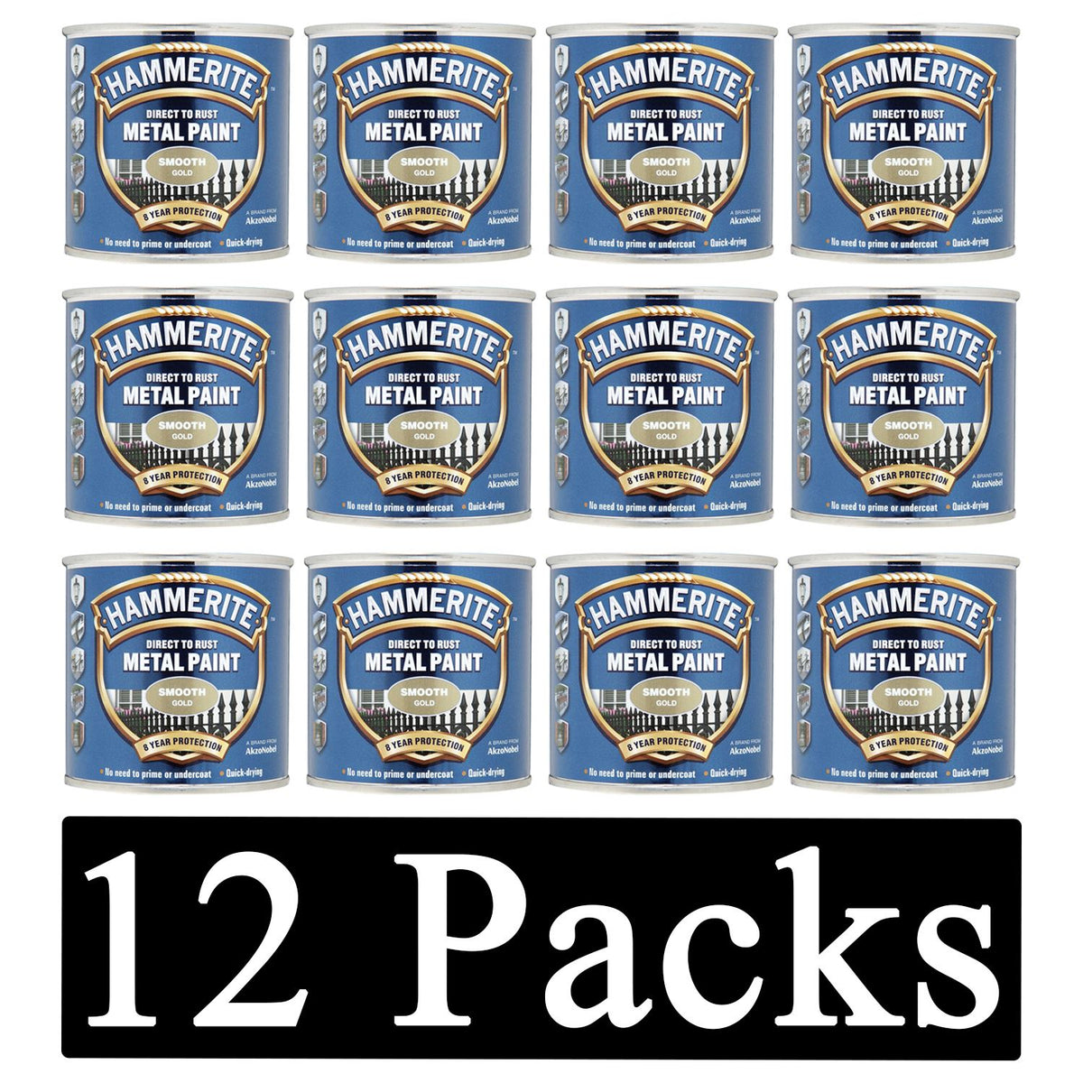 12X Hammerite Smooth Gold Paint 250ml Tin Paint