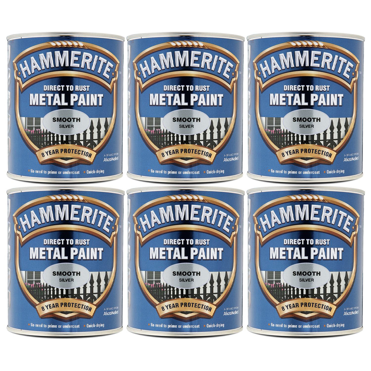 6X Hammerite Smooth Silver Paint 750ml Tin Paint