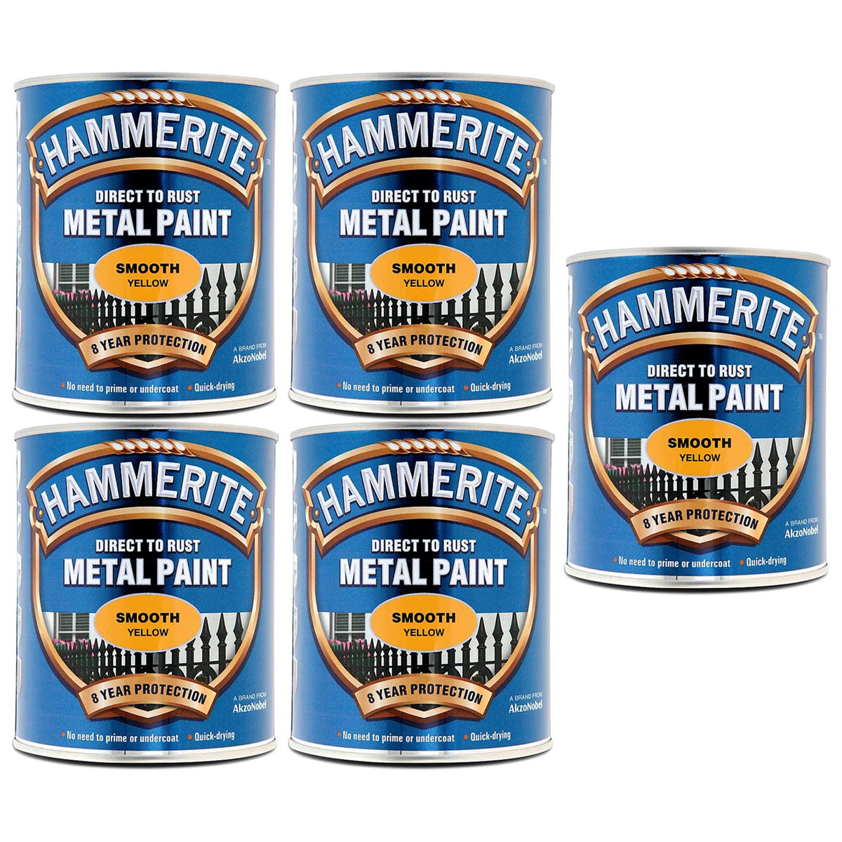 5X Hammerite Smooth Yellow Paint 750ml Tin Paint