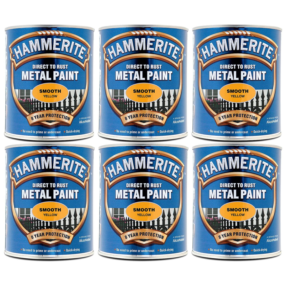 6X Hammerite Smooth Yellow Paint 750ml Tin Paint