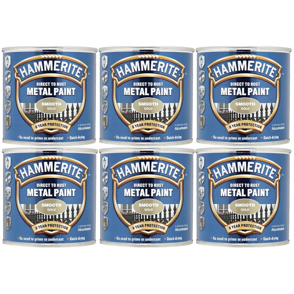 6X Hammerite Smooth Gold Paint 250ml Tin Paint