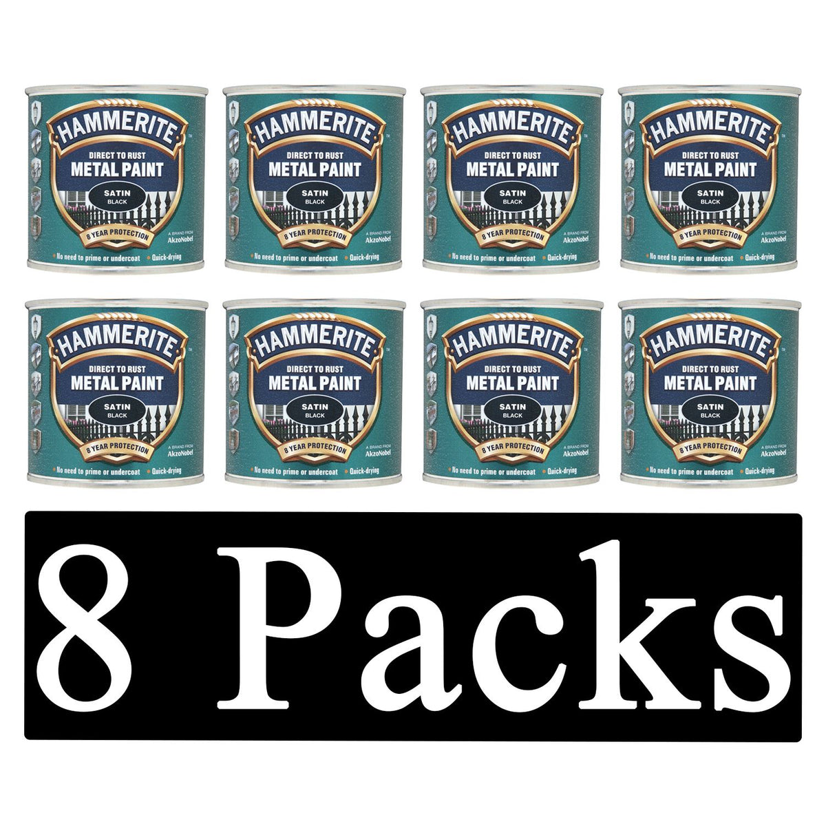 8X Hammerite Satin Black Paint 250ml Tin Paint
