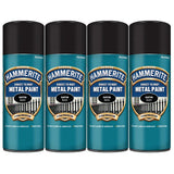 Four cans of Hammerite Satin Black Spray Paint for metal surfaces with rust protection