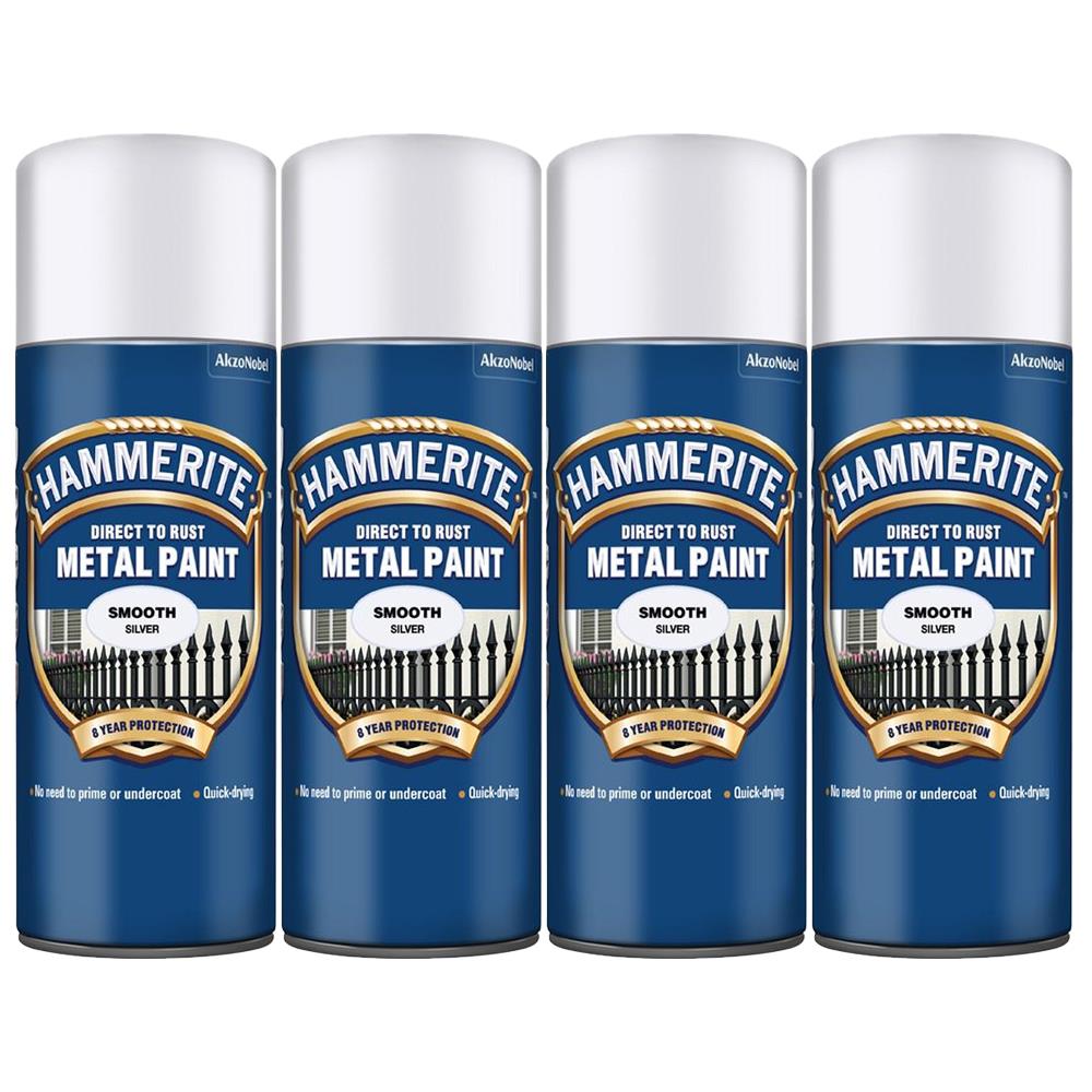 4X Hammerite Smooth Silver Spray Paint 400ml Spray Paint