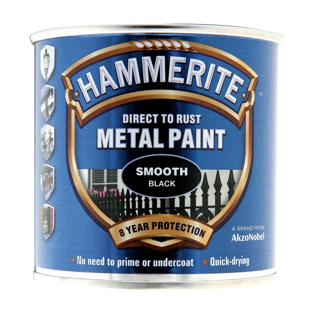 Hammerite smooth black paint 250ml tin offering direct rust protection and quick-drying features