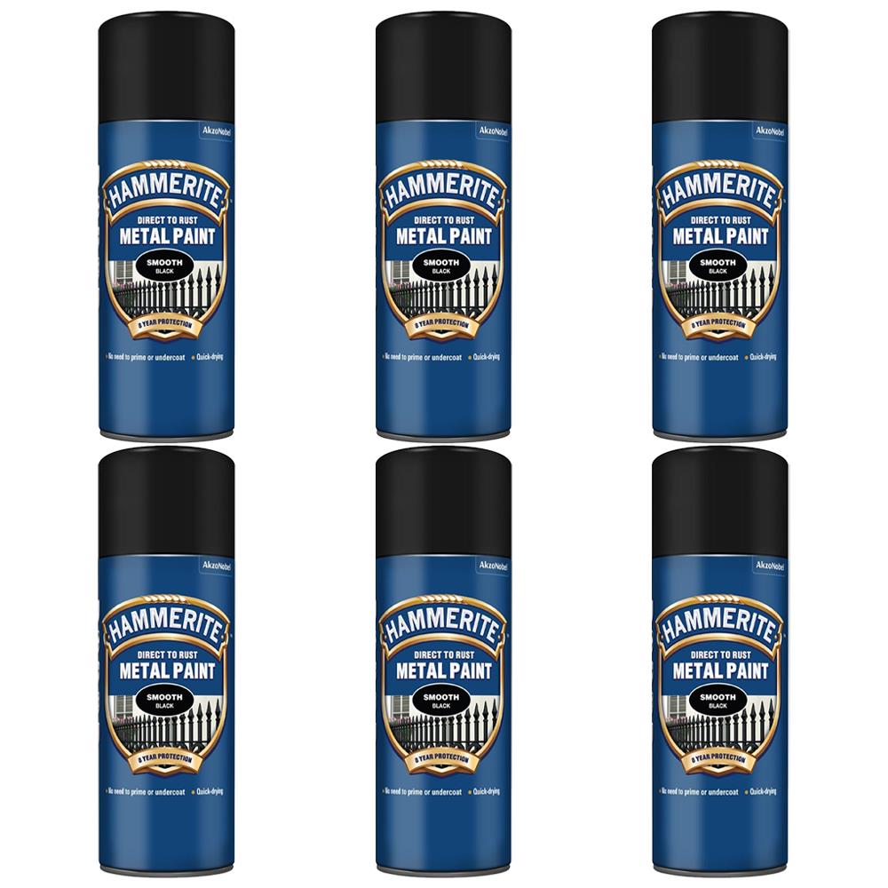 Hammerite smooth black spray paint canister set showcasing six spray paint bottles for easy application