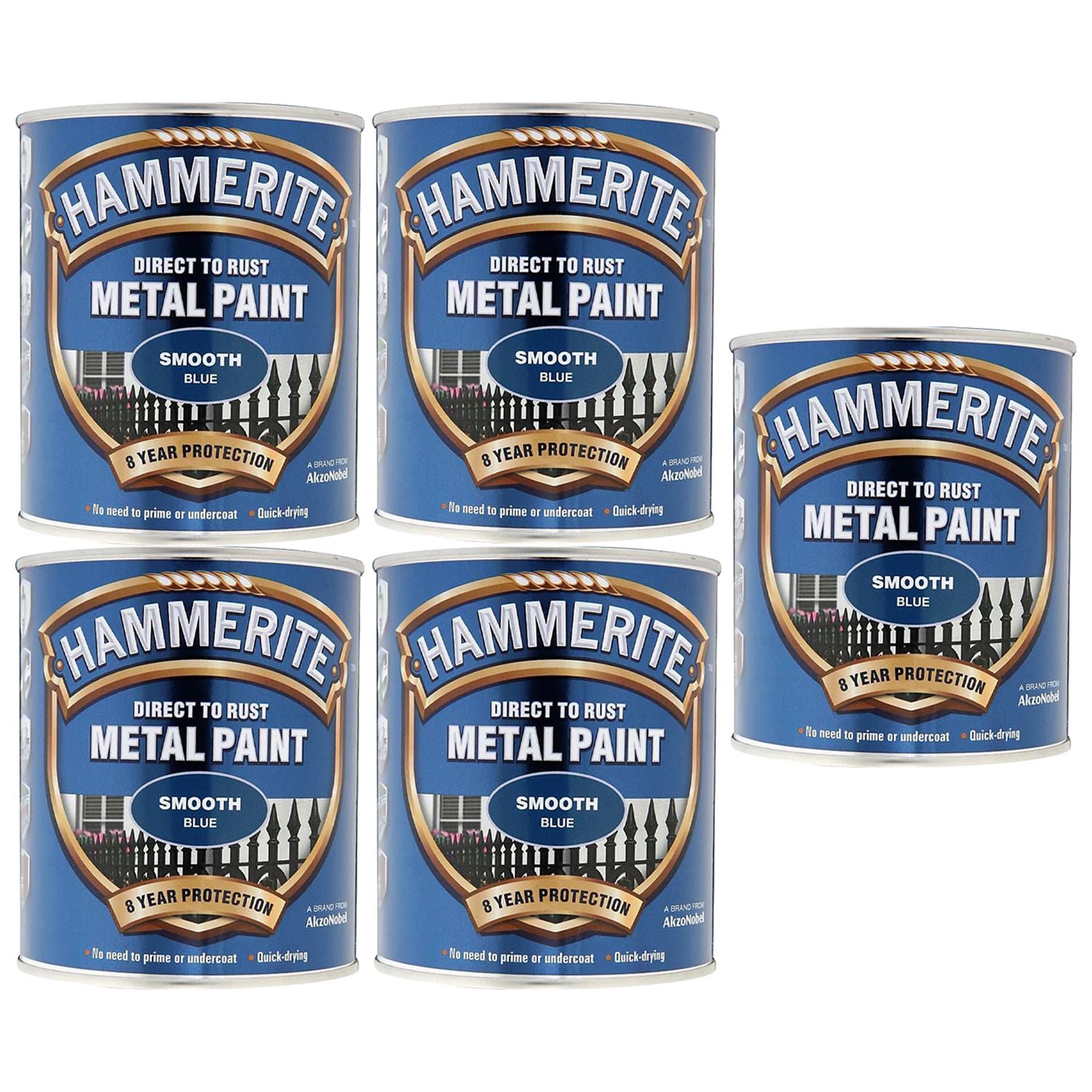 5X Hammerite Smooth Blue Paint 750ml Tin Paint
