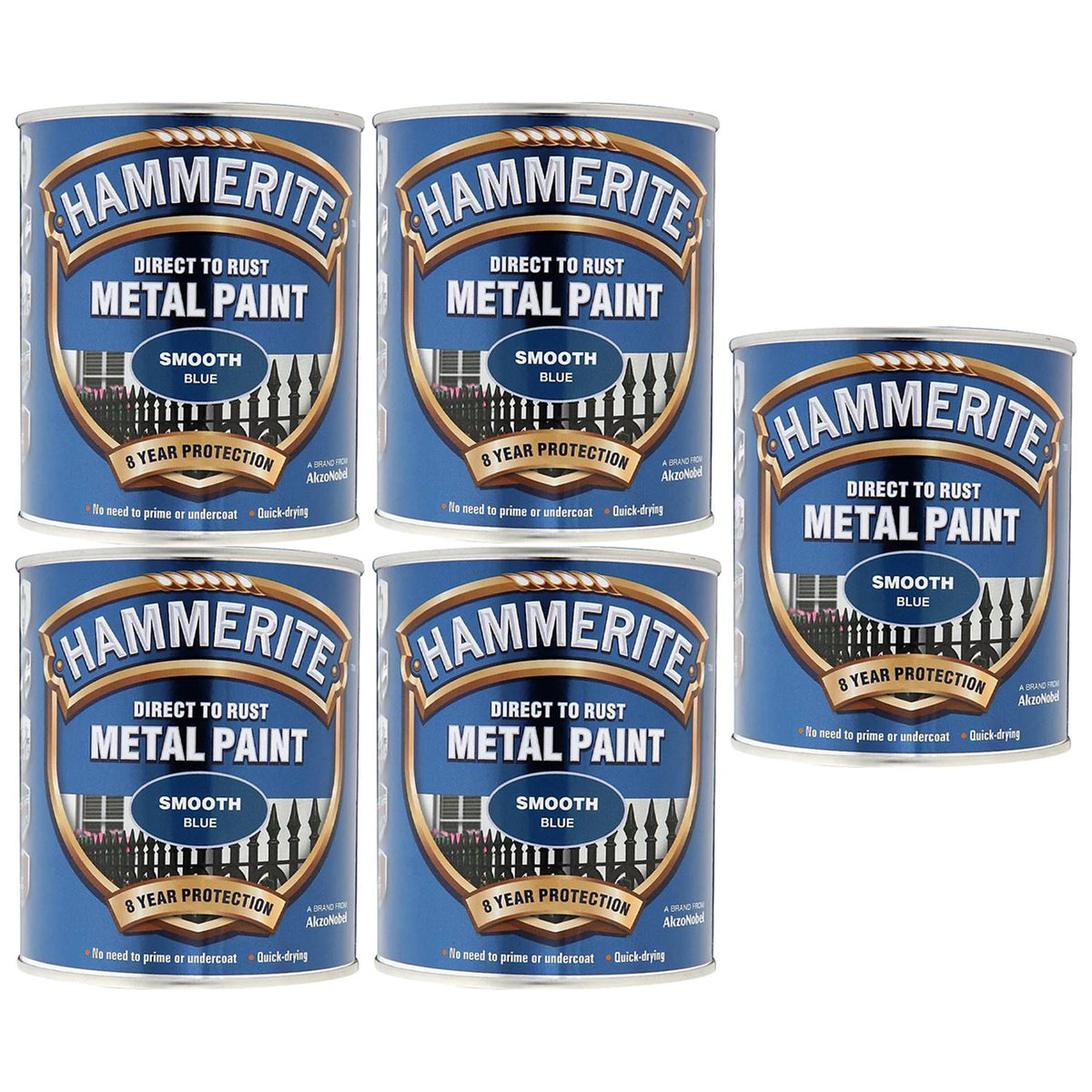 5X Hammerite Smooth Blue Paint 750ml Tin Paint