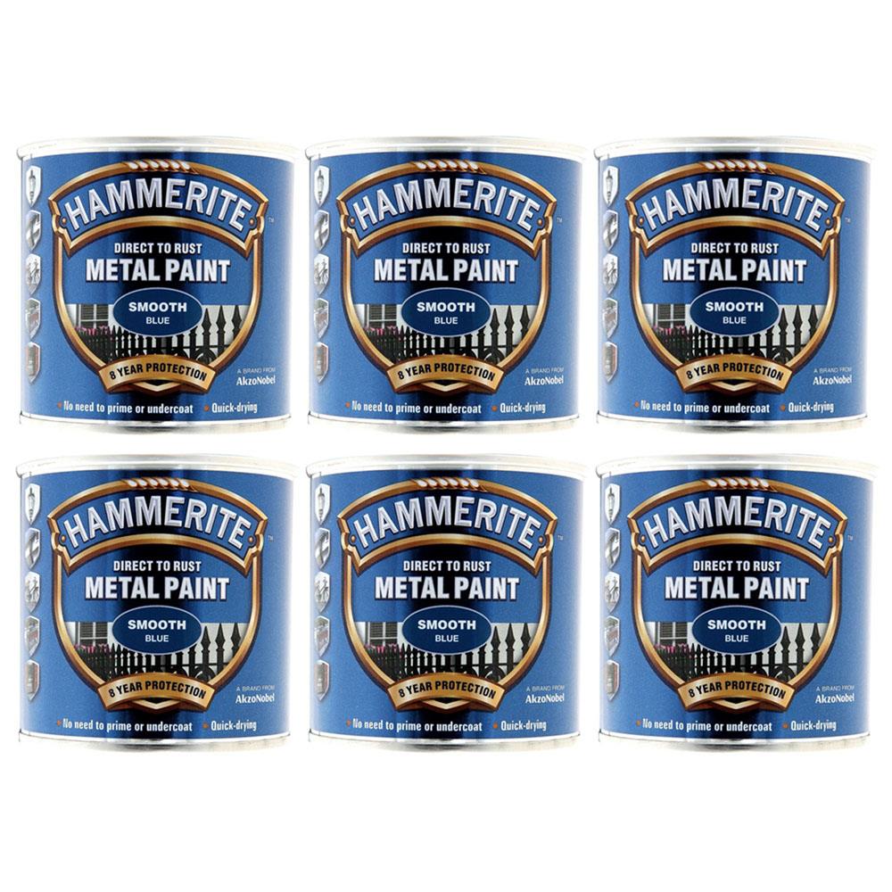 Hammerite Smooth Blue Paint six tin cans offering direct to rust metal protection and quick-drying formula