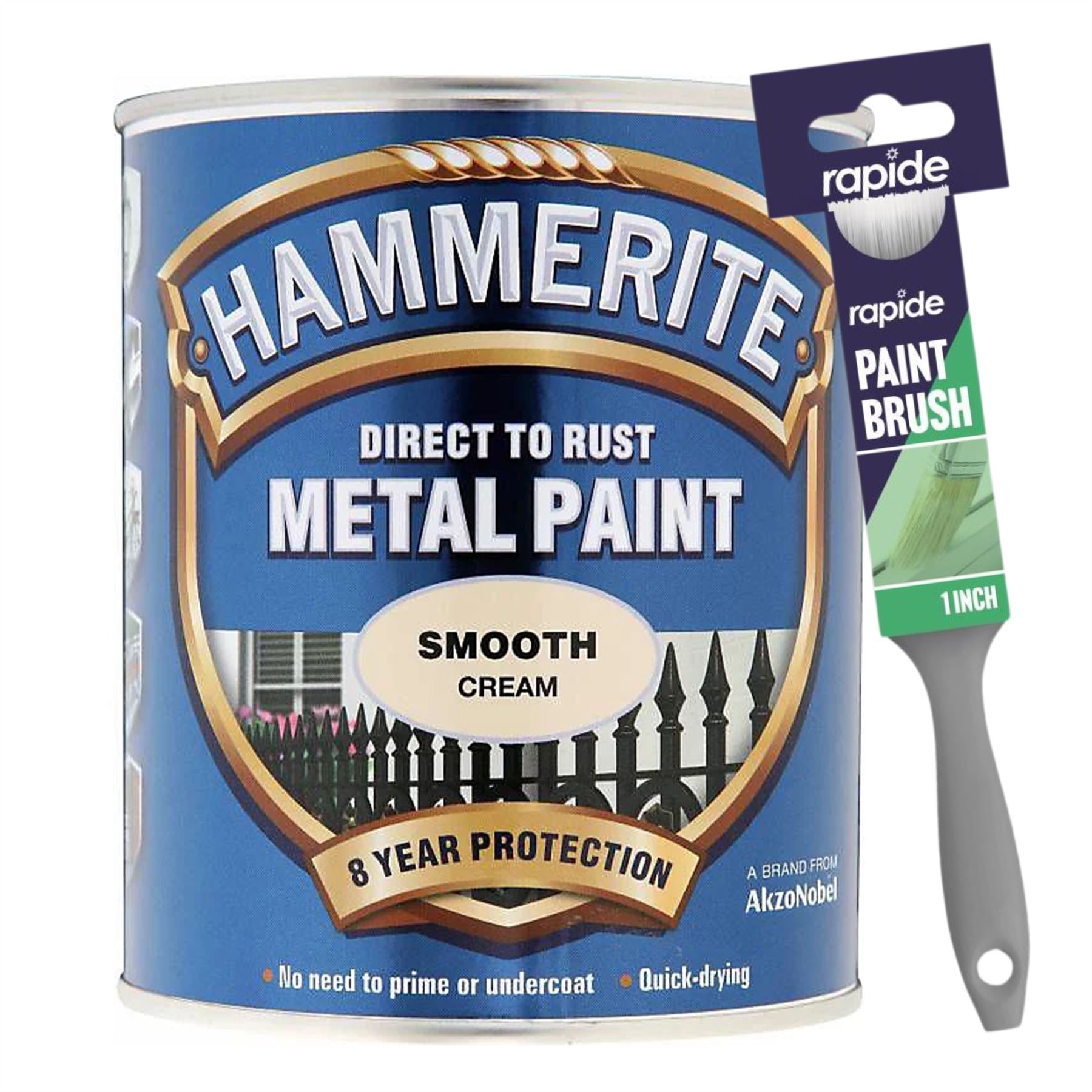 Hammerite Smooth Cream Paint 750ml With 1" Paint Brush Tin Paint