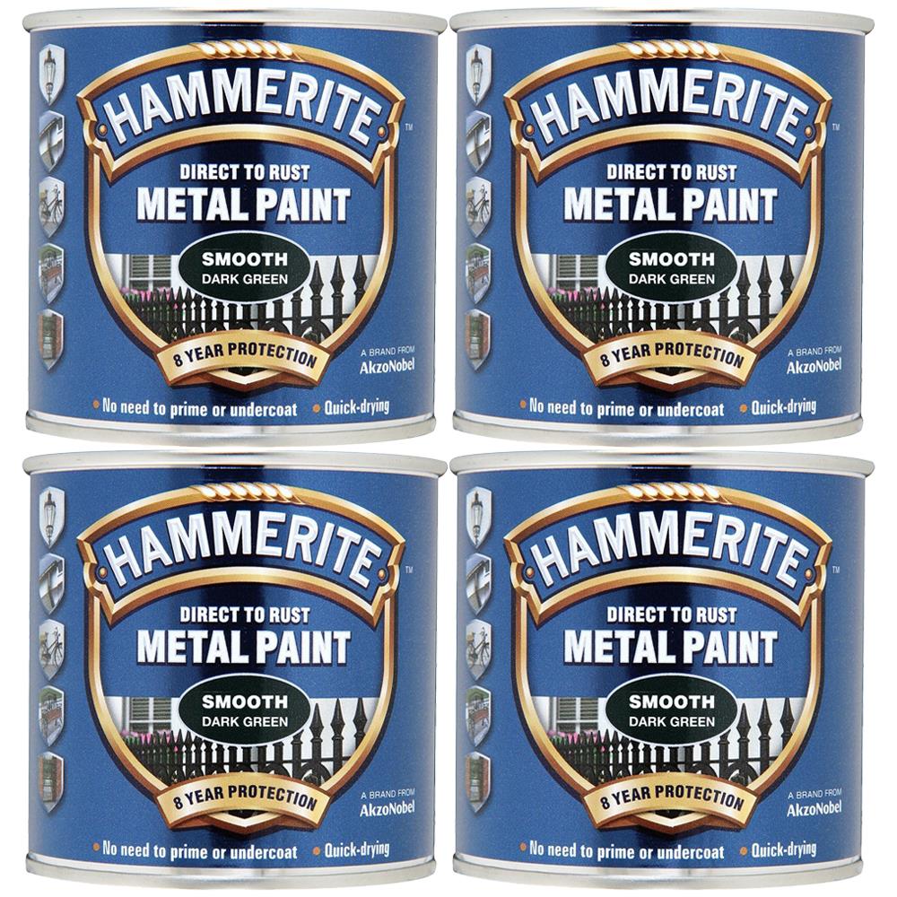 Four cans of Hammerite smooth dark green paint for direct to rust metal protection