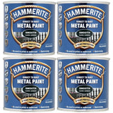 Four cans of Hammerite smooth dark green paint for direct to rust metal protection