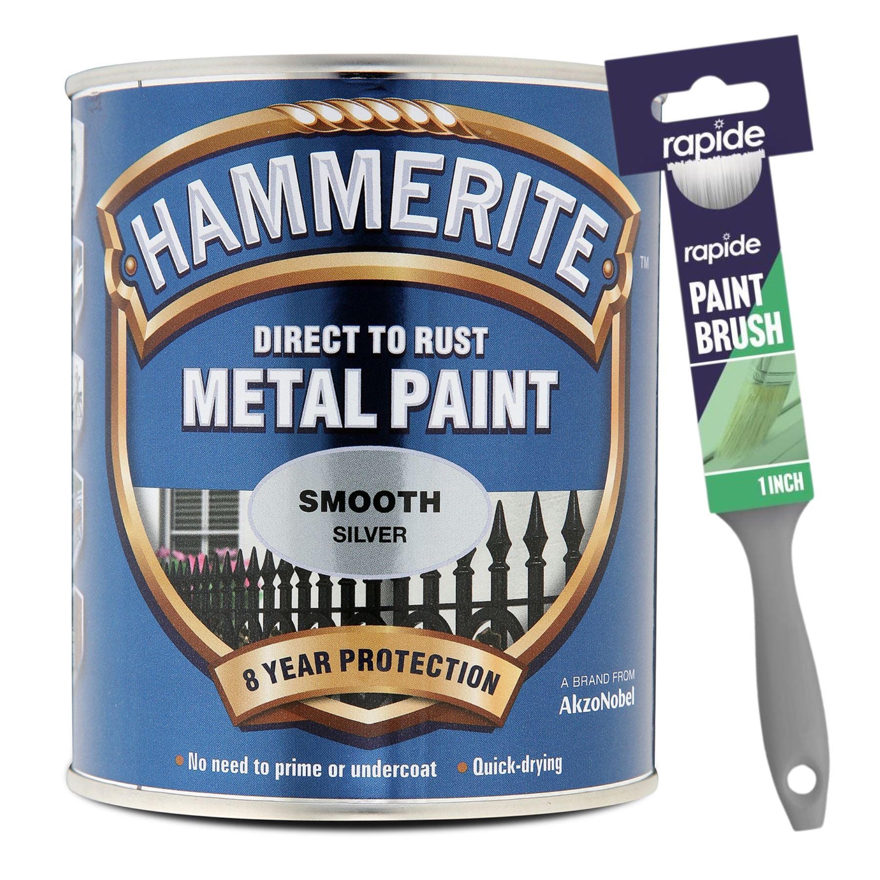 Hammerite Smooth Silver Paint 750ml With 1" Paint Brush Tin Paint