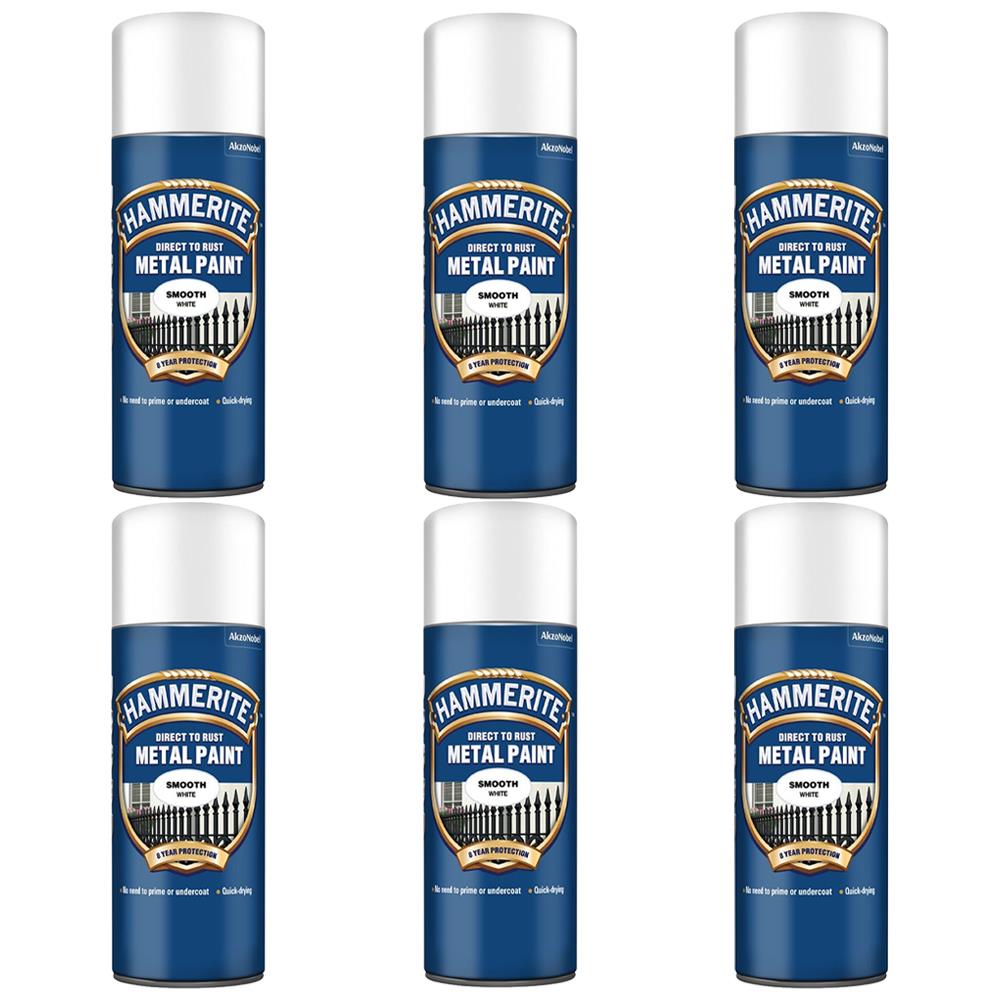 Six cans of Hammerite smooth white spray paint for easy application on metal surfaces
