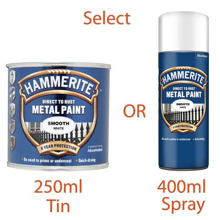 Hammerite smooth white spray paint 400ml can beside 250ml tin for direct to rust applications