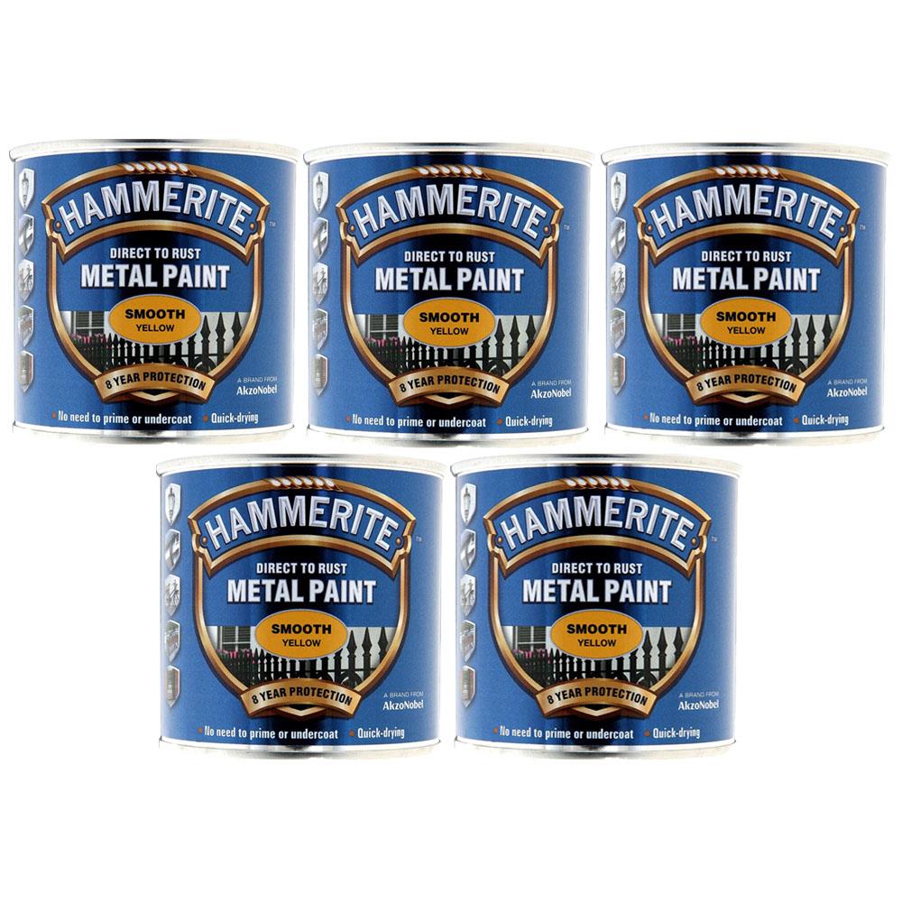 5X Hammerite Smooth Yellow Paint 250ml Tin Paint