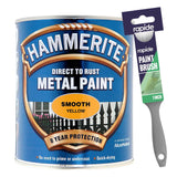 Hammerite Smooth Yellow Paint 750ml With 1" Paint Brush Tin Paint