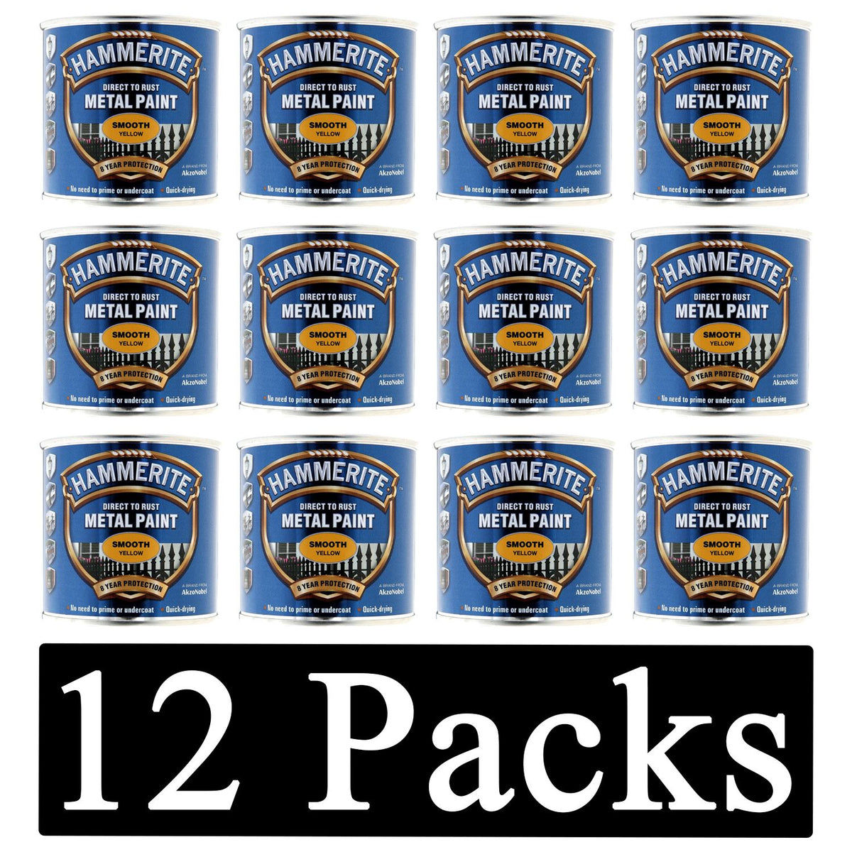 Twelve cans of Hammerite yellow metal paint smooth finish for rust protection