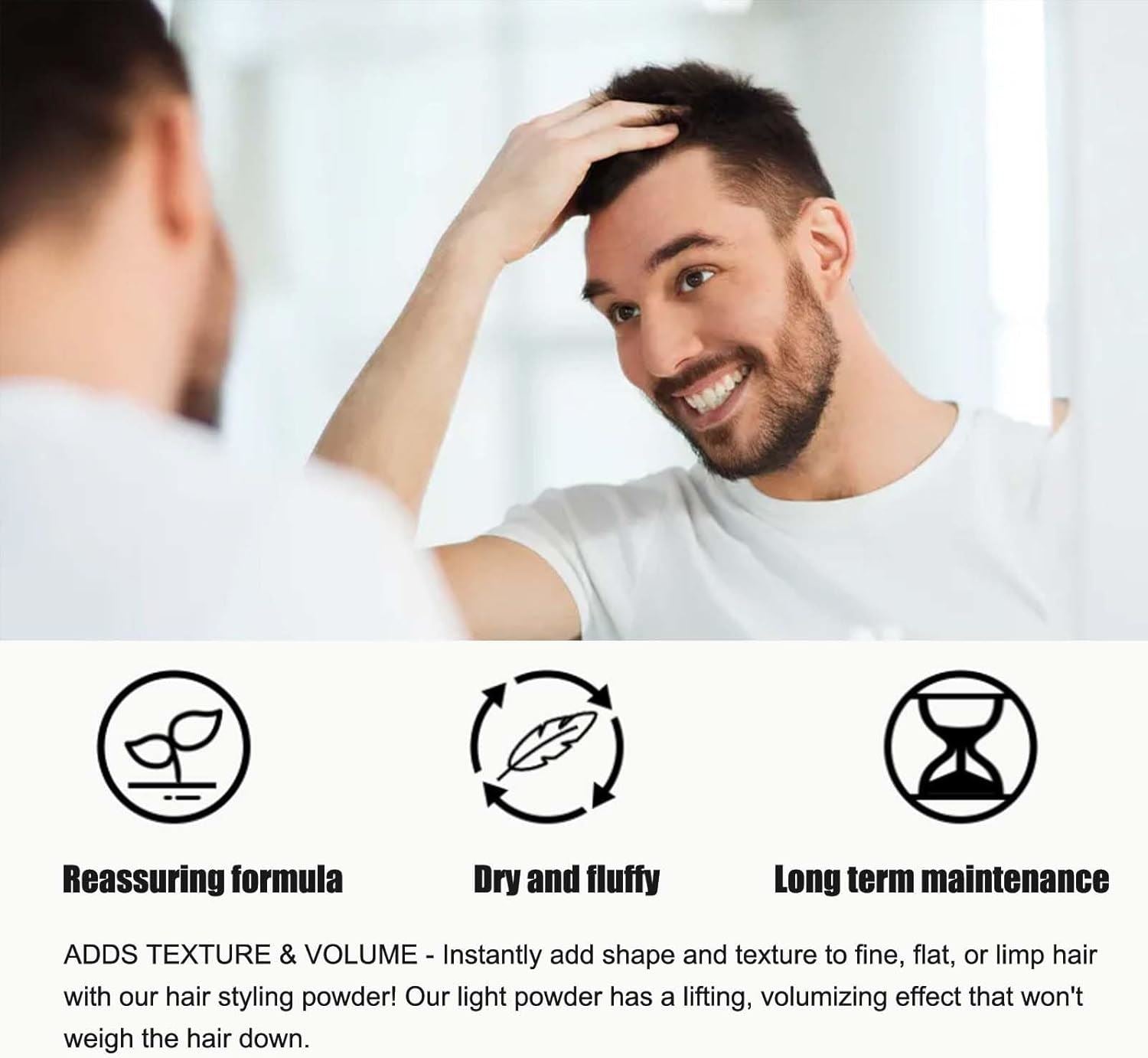 Man applying root styling powder for volume in front of a mirror for textured hair