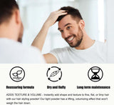 Man applying root styling powder for volume in front of a mirror for textured hair